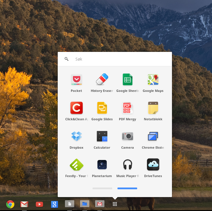 Menylinje nederst på skjermen (kan autoskjules) med Chrome Apps-vinduet oppe